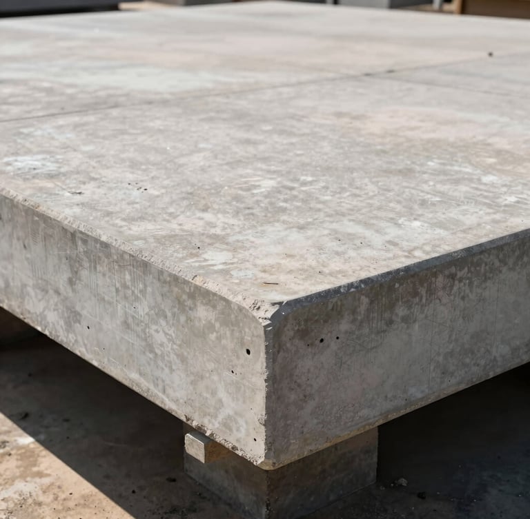 Low-angle architectural shot of a massive commercial concrete foundation slab, sharp brushed finish, high-contrast sun and shadow, deep depth of field.