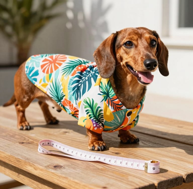 Candid eye-level shot of a happy Dachshund wearing a colorful handmade tropical shirt, standing next to a soft fabric measuring tape on a wooden table, bright natural daylight, shallow depth of field