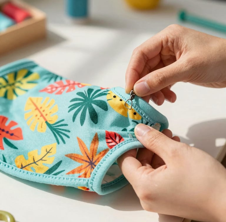 Close-up of hands sewing a tiny colorful tropical dog shirt in a sunny workshop, soft fabric textures visible, warm natural daylight, shallow depth of field, 35mm lens