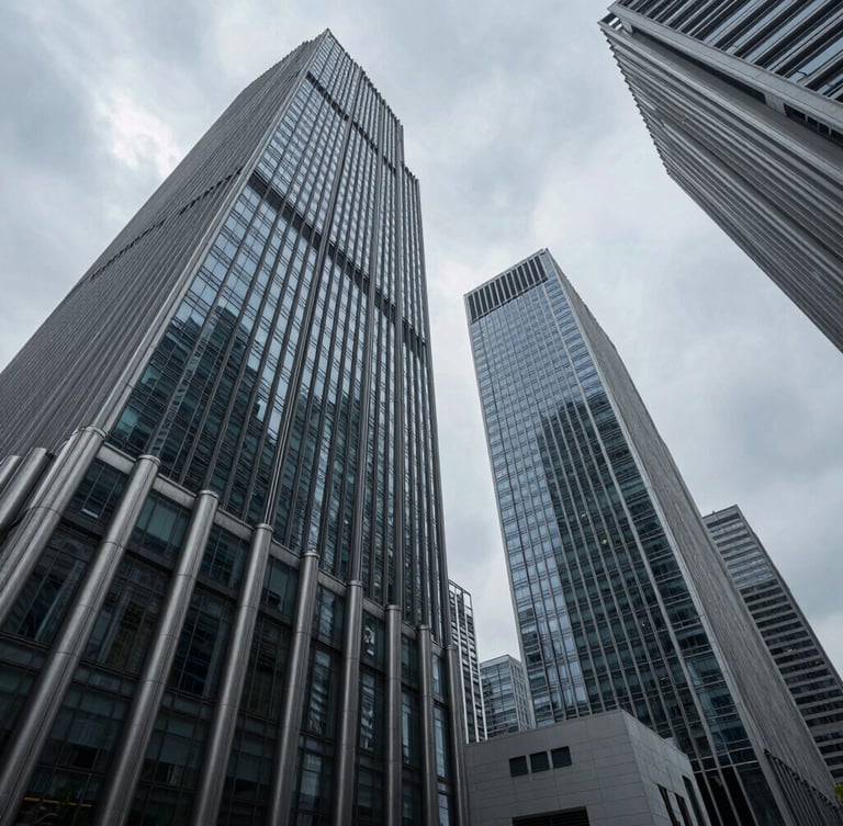 Wide-angle architectural shot of modern steel and glass skyscrapers rising into a cool overcast sky, sharp geometric reflections, professional institutional aesthetic.