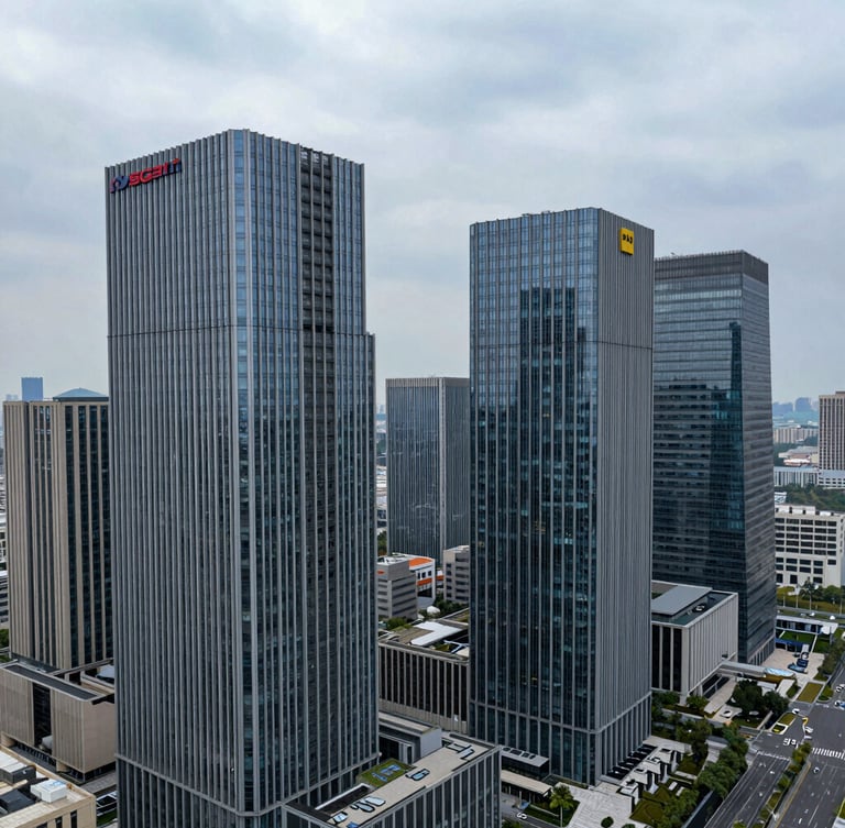High-angle architectural photography of a modern commercial skyline with structural steel and glass details under cool overcast daylight, wide angle.