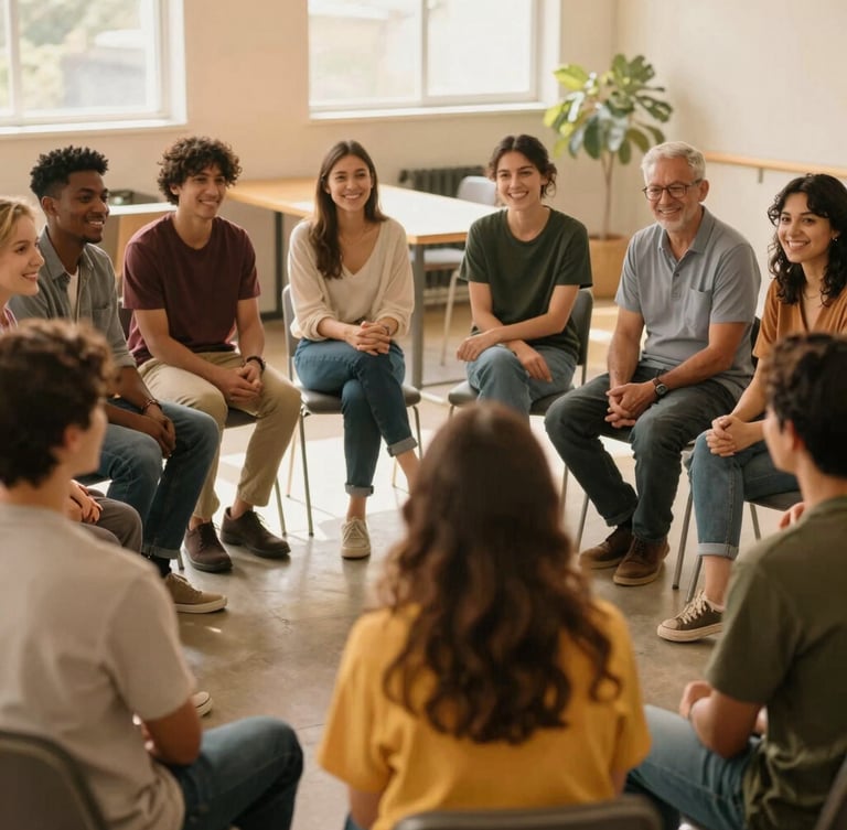 A diverse group of parents sitting in a comfortable circle in a warm, sunlit community center, actively listening and smiling, authentic candid moment.