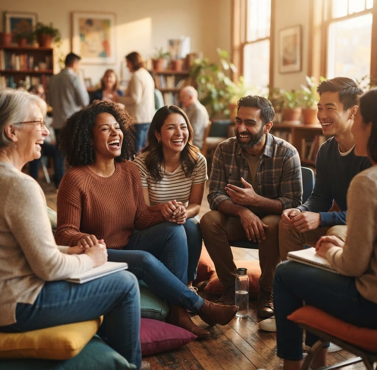 Candid medium shot of a diverse, supportive parent group circle laughing together in a warm, sunlit community room, rich saturated skin tones, soft golden-hour natural light, shallow depth of field, authentic moments.