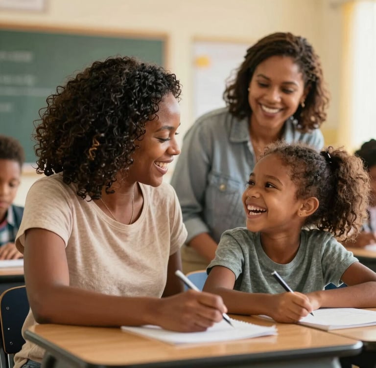 Warm candid photo of an African American mother and her young daughter laughing together at a school desk, with a female teacher smiling in the background, soft golden light.