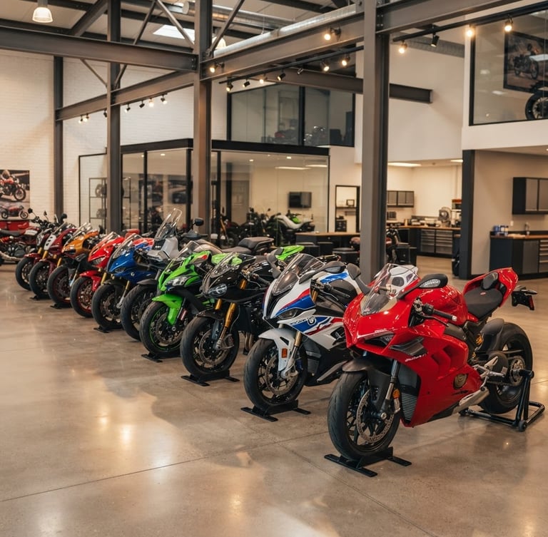 Polished motorcycles lined up neatly inside a bright, modern industrial showroom with concrete floors and steel beams, warm overhead spotlights, eye-level perspective