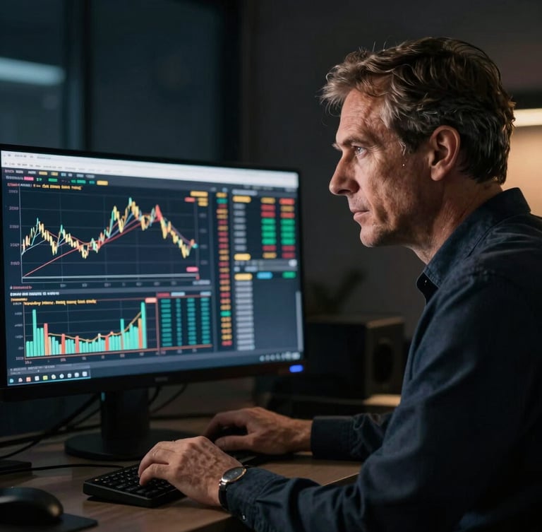 Moody editorial portrait of a financial mentor analyzing real-time charts on a dark terminal screen, low-key dramatic lighting, subtle champagne gold glow, crisp focus.
