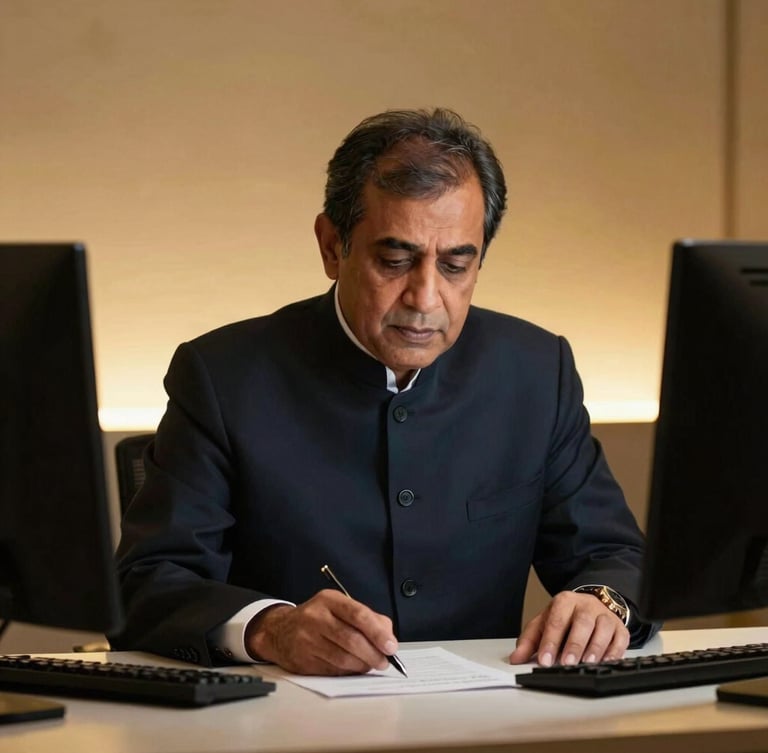 Low-key dramatic portrait of founder Syed Ghouse MohiUddin in deep concentration at a clean trading desk, warm gold ambient glow, sharp focus, 35mm.