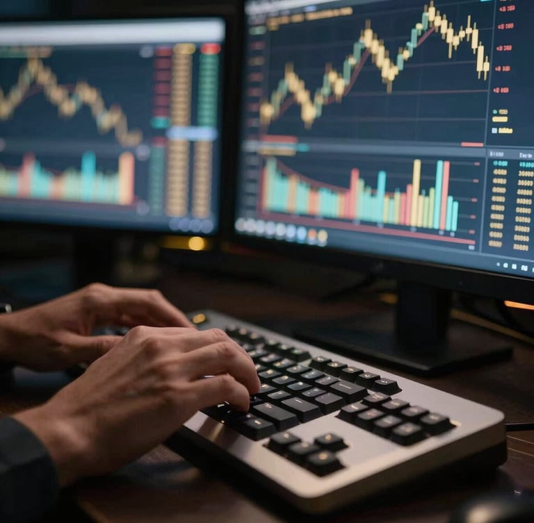 Macro close-up of a trader's hands typing on a sleek mechanical keyboard, multiple glowing monitors showing sharp candlestick charts in the background, moody low-key lighting with gold accents, 35mm.