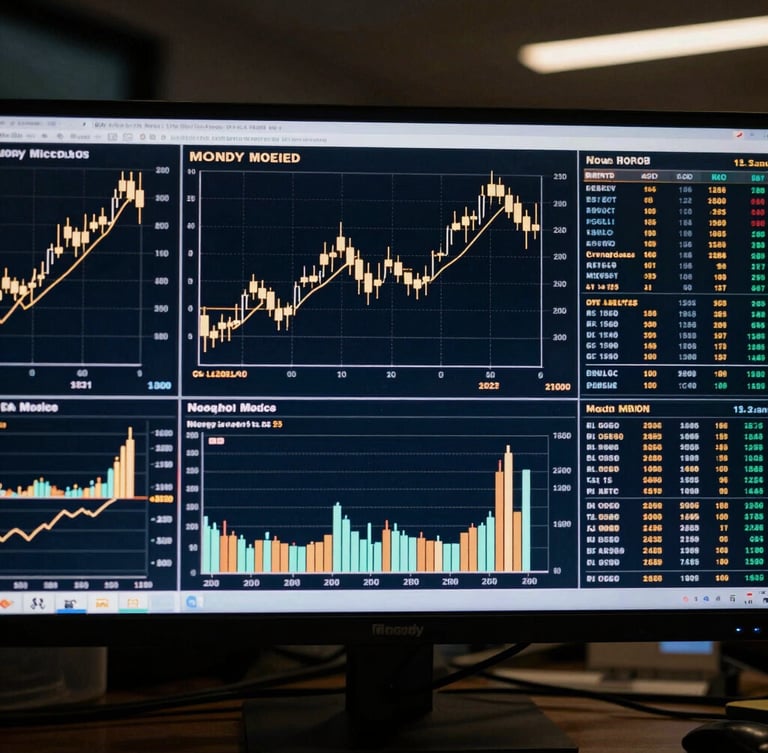 Moody editorial photography of a professional trading terminal displaying clean candlestick charts, low-key dramatic lighting, deep navy tones, crisp focus, 35mm.