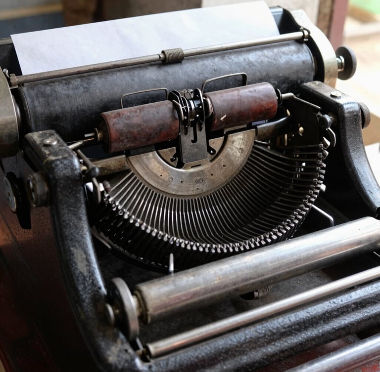 A close-up of a vintage printing press in India, ink on metal rollers, natural daylight, rich documentary tones, highly detailed
