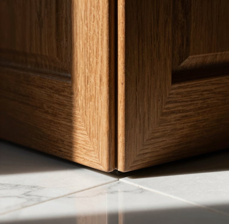 Macro architectural photograph of a sharp walnut panel joint meeting white marble, dramatic side-lighting, precise shadow lines.
