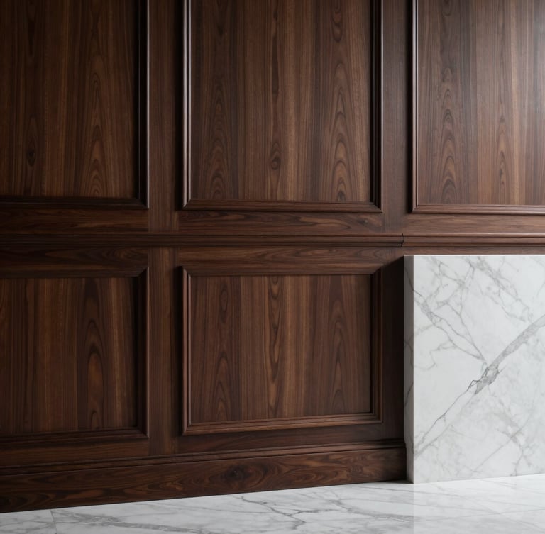 Wide panoramic shot of deep walnut paneling meeting white marble, sharp chiaroscuro lighting emphasizing material weight and structural permanence.