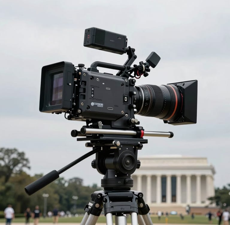 A heavy-duty cinema camera rig set up on a professional tripod, overlooking the National Mall under an overcast sky.
