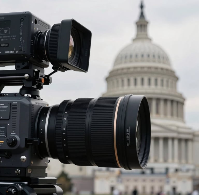 Extreme close-up of a high-end cinema camera lens on location in Washington D.C., soft focus on the U.S. Capitol dome in the distant background, dramatic overcast afternoon lighting, technical precision