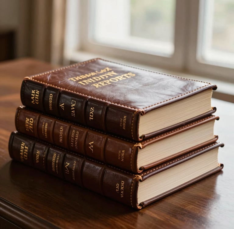 Close-up of leather-bound Indian law reports stacked on a dark wooden desk, natural morning light filtering through a window, Gurugram court style.