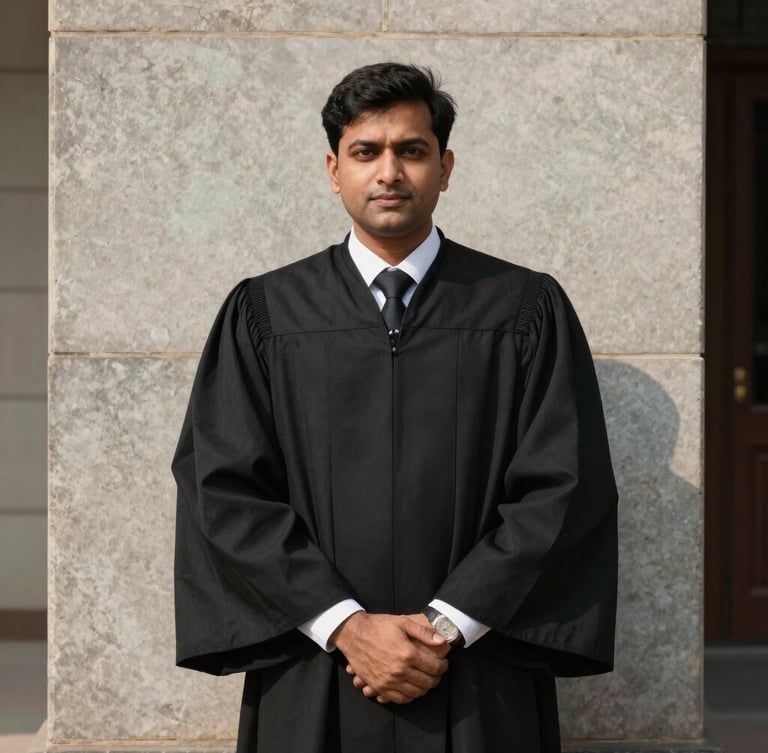 A high-contrast, professional portrait of Advocate Vishvander Yadav in black lawyer robes, standing confidently against a structured stone wall of the Gurugram District Court, natural daylight.