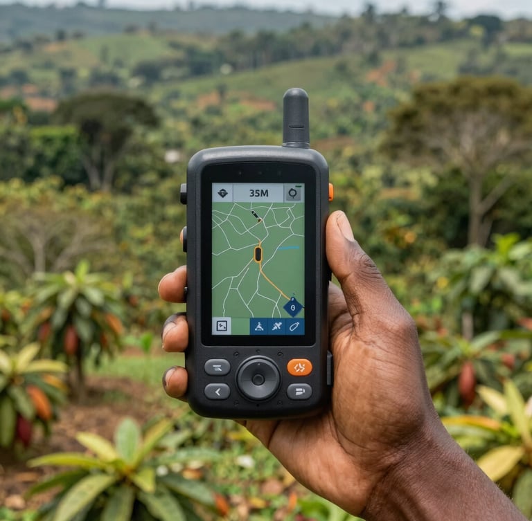Close-up of a hand holding a high-precision GPS mapping device in a lush Nigerian cocoa farm, natural equatorial daylight, 35mm documentary style