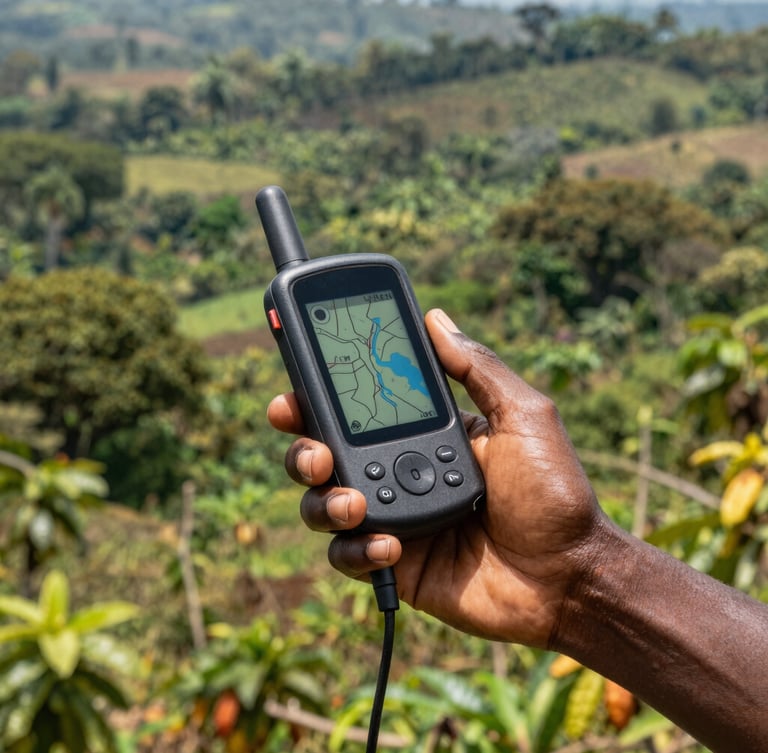 Close-up of hands holding a rugged digital GPS mapping device in a lush West African cocoa field, bright natural equatorial daylight, sharp focus, 35mm documentary photography