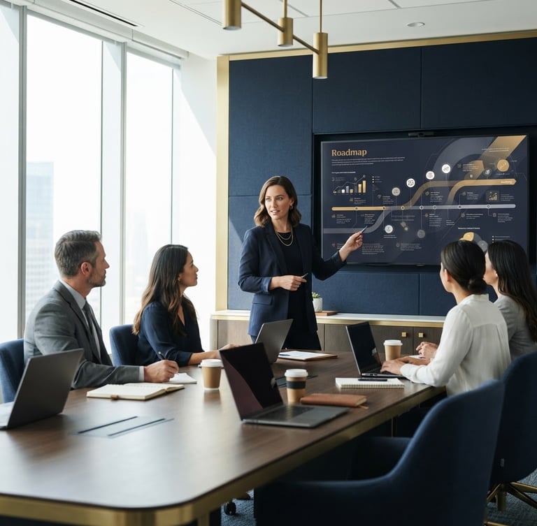 Modern corporate boardroom with a large display showing a strategic roadmap, focused professionals in deep focus, bright natural daylight, deep navy and warm gold accents, clean minimalist composition, 35mm lens.
