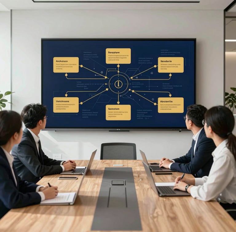 Modern corporate boardroom with a large screen displaying a complex strategic roadmap, focused professionals in deep focus, bright natural daylight.