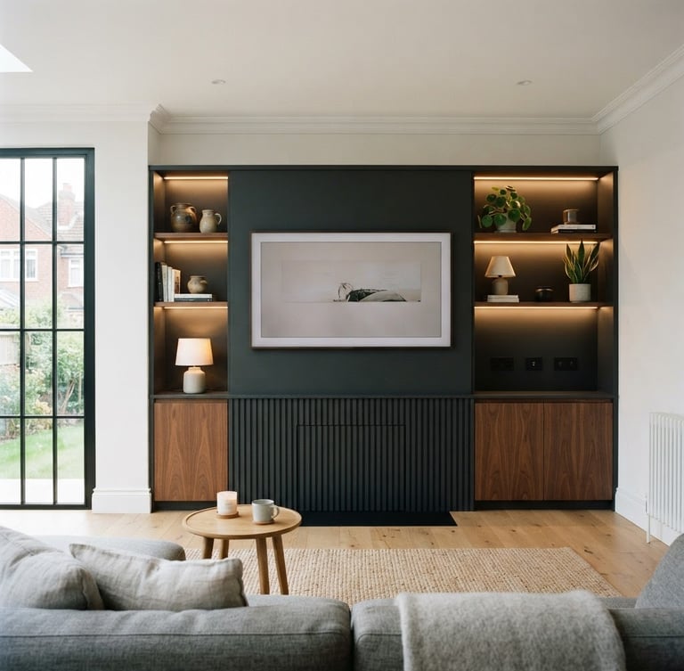 Straight-on architectural shot of a modern UK home interior, warm accent lighting illuminating a newly completed media wall and flush-mount electrical fixtures, 35mm