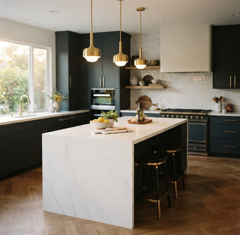 Pristine high-end kitchen renovation, warm architectural lighting on quartz island, gold accents, deep charcoal cabinets, 35mm photograph