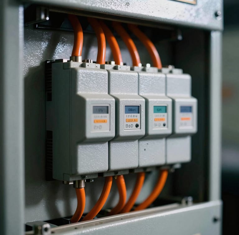 Close-up of industrial electrical panel with orange wiring, high-contrast dramatic lighting, metallic reflections, macro lens
