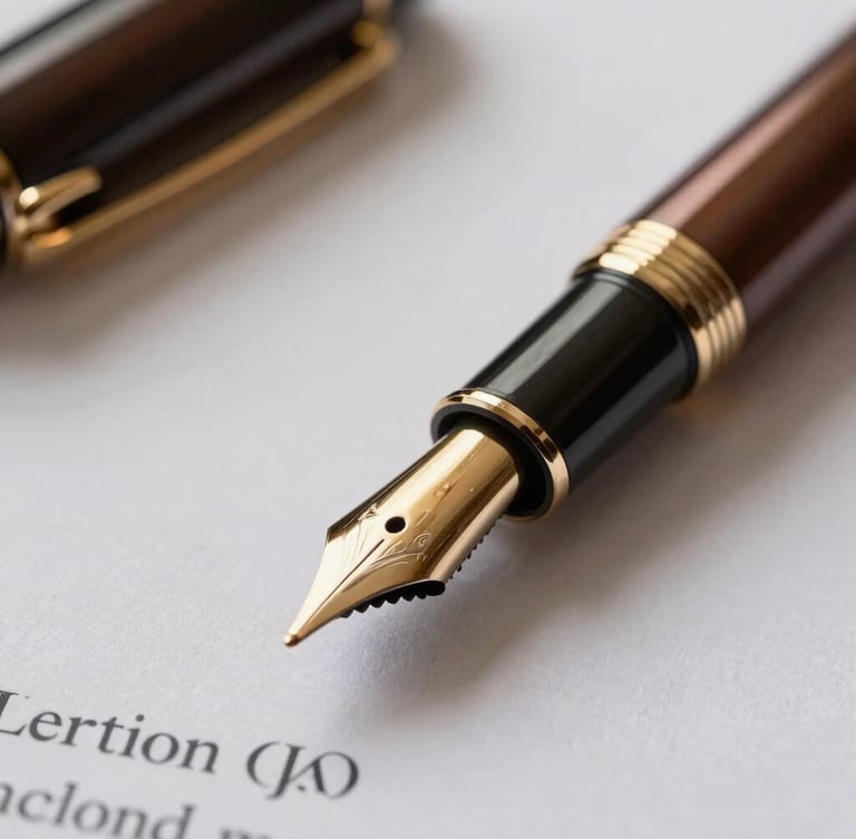 Macro close-up of a premium gold-trimmed fountain pen resting on official legal documents, dramatic architectural side-lighting, deep bronze and charcoal tones, prestigious atmosphere.