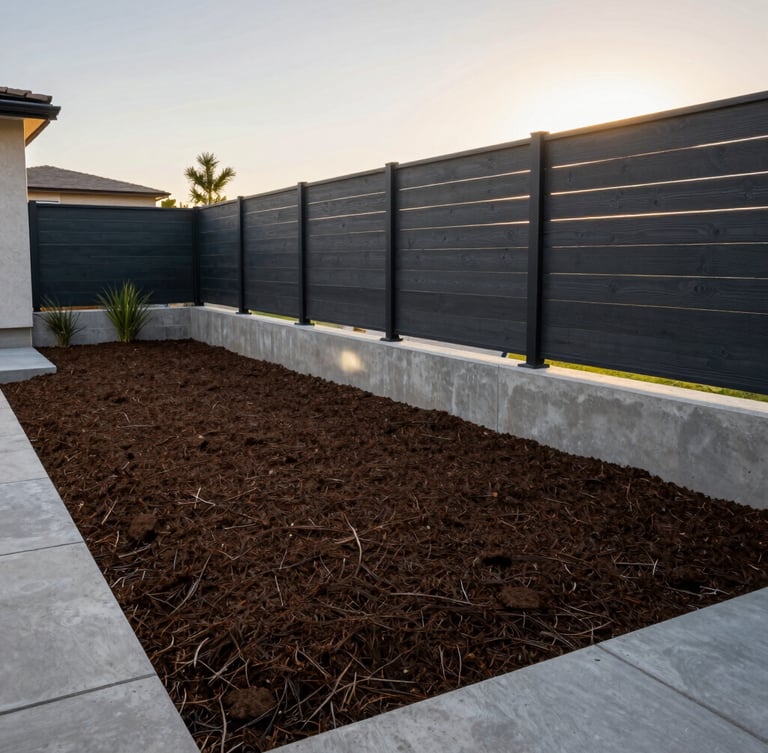 A wide environmental shot of a completed high-end residential backyard renovation in Escondido, featuring perfectly leveled clean sod, a modern charcoal wooden fence, and concrete retaining walls, captured in late-afternoon California golden hour sun.