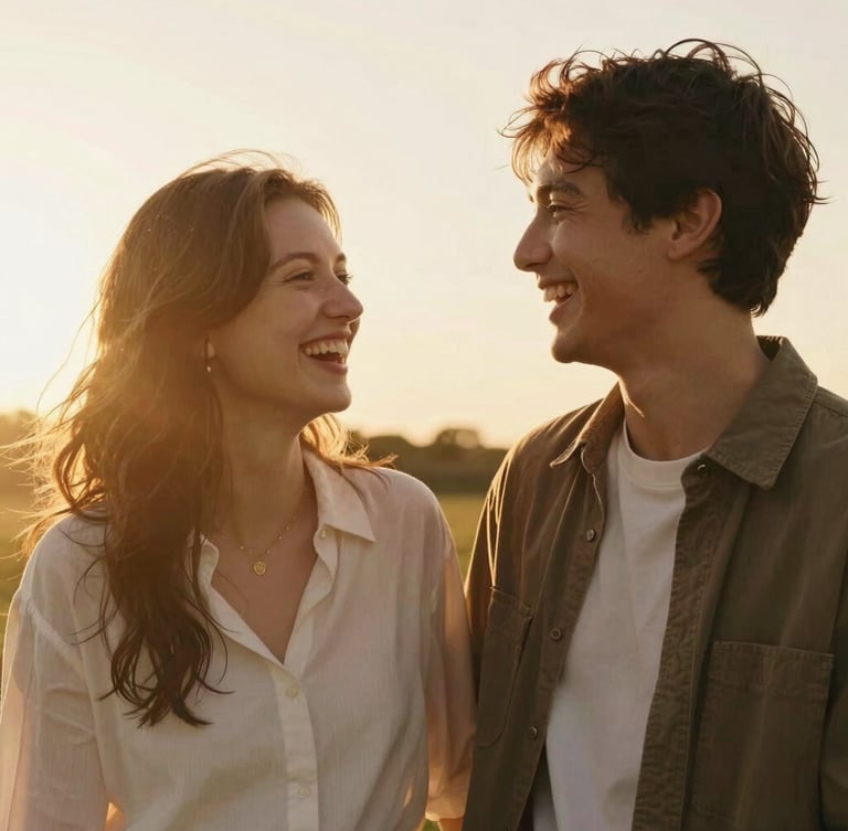 Cinematic portrait of a young couple laughing, warm golden hour sunlight drenching the scene, soft focus, natural sun flare, outdoor field setting.