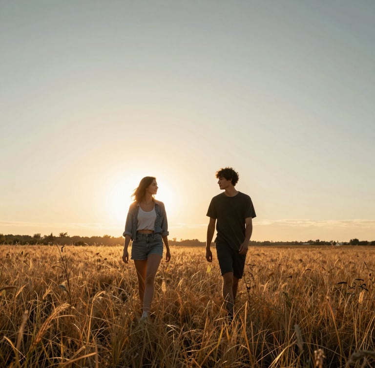 Cinematic wide shot of a young couple walking through a golden wild grass field at sunset, warm backlighting, sun flare, natural movement, no posing.