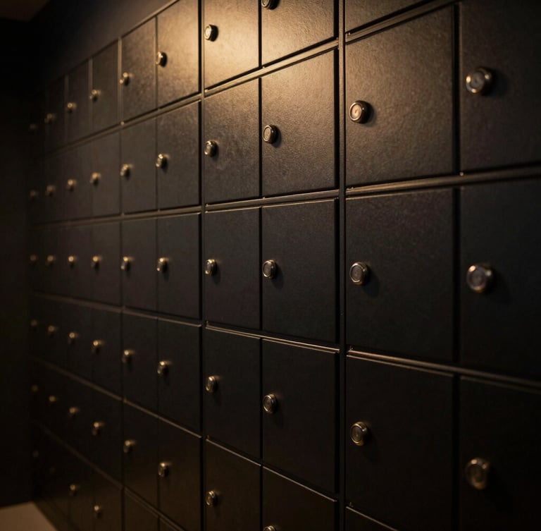 A secure private vault interior with sleek matte black safe deposit boxes, subtle warm gold lighting accents, architectural perspective