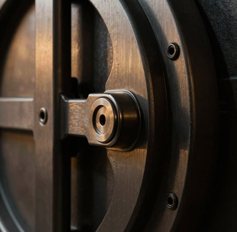 Extreme close-up of a heavy brushed-steel vault locking mechanism, dramatic side-lighting, deep shadows, matte obsidian tones, high-contrast architectural detail