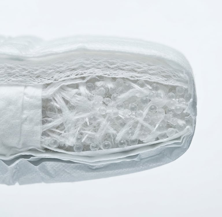 Macro close-up of a multi-layer baby diaper cross-section, showing engineered absorption core, clinical studio lighting, sterile white background, cool tones.