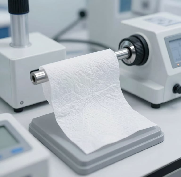 Close-up, slightly angled shot of a paper hygiene product being tested for tensile strength in a laboratory setting, with precise instruments, bright clinical studio light, cool white tones.