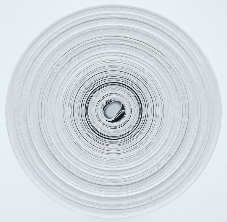 Macro close-up of tightly wound, multi-layered paper roll, showing fine, consistent texture under bright clinical studio light, cool white tones, centered architectural framing.
