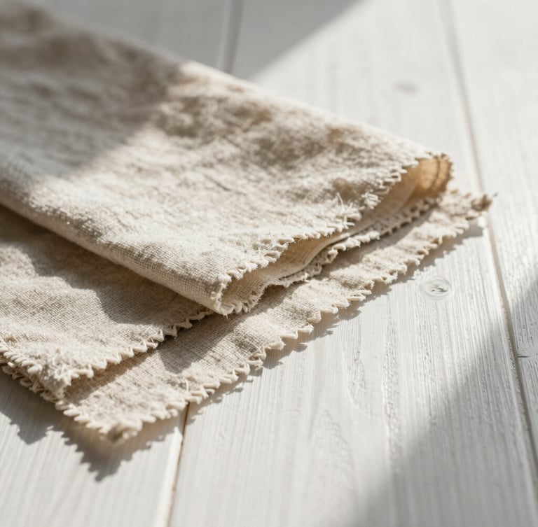 Tight macro shot of natural linen fabric swatches arranged on a white oak table, soft morning daylight casting long gentle shadows.