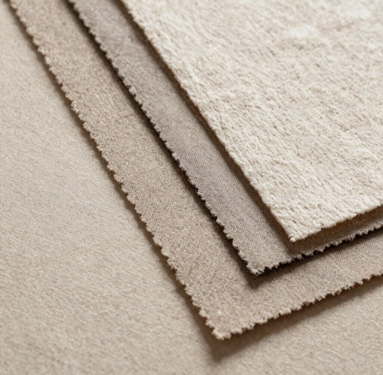 Macro shot of heavy, textured cotton paper swatches in soft linen beige and gentle taupe, diffused side-lighting, elegant editorial composition.