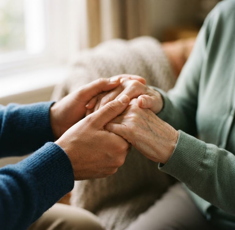 A close-up of a carer's hands warmly holding an elderly client's hands, soft natural window light, comforting deep blue and sage tones, shallow depth of field, 35mm