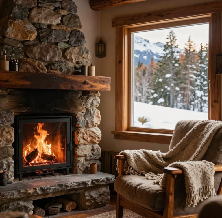 Warm interior detail of a Patagonian mountain cabin, a stone fireplace with crackling fire, cozy woolen blankets on a wooden armchair, window showing snowy forest outside, soft natural light, editorial travel photography