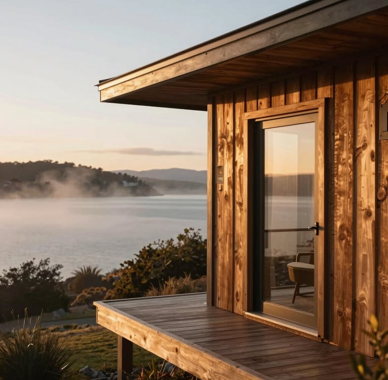 Warm editorial photography of a modern wooden cabin deck overlooking Lake Moquehue at golden hour, soft morning mist, 35mm
