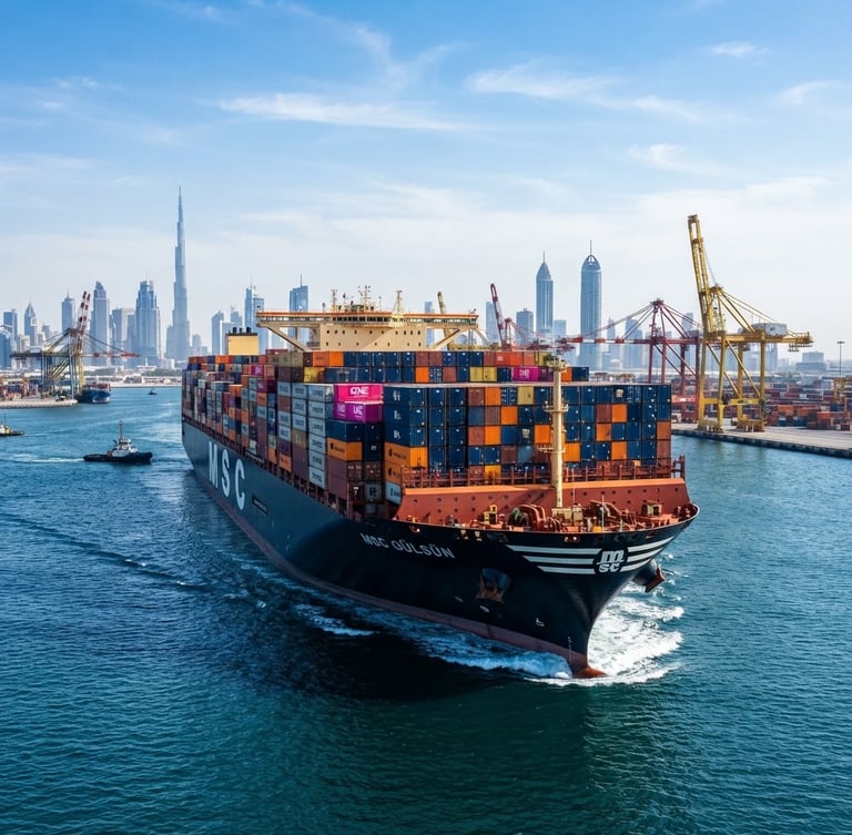 Low-angle heroic shot of a large container ship departing Dubai port under bright daylight, high-contrast navy and orange container stacks visible