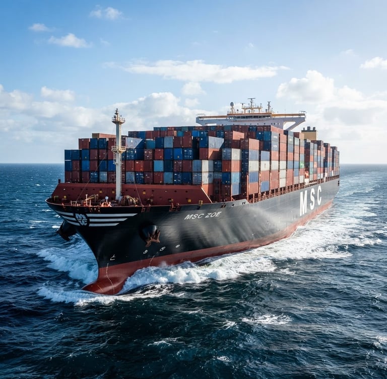 Low-angle heroic shot of a massive modern cargo vessel cutting through deep blue water under bright, crisp daylight, high-contrast sun glinting off stacked containers.