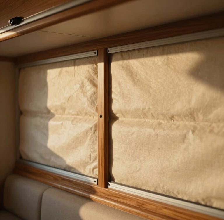 Close-up of premium motorhome interior insulation layers and yacht-style wood finish joints, soft warm morning light casting shadows, macro 35mm