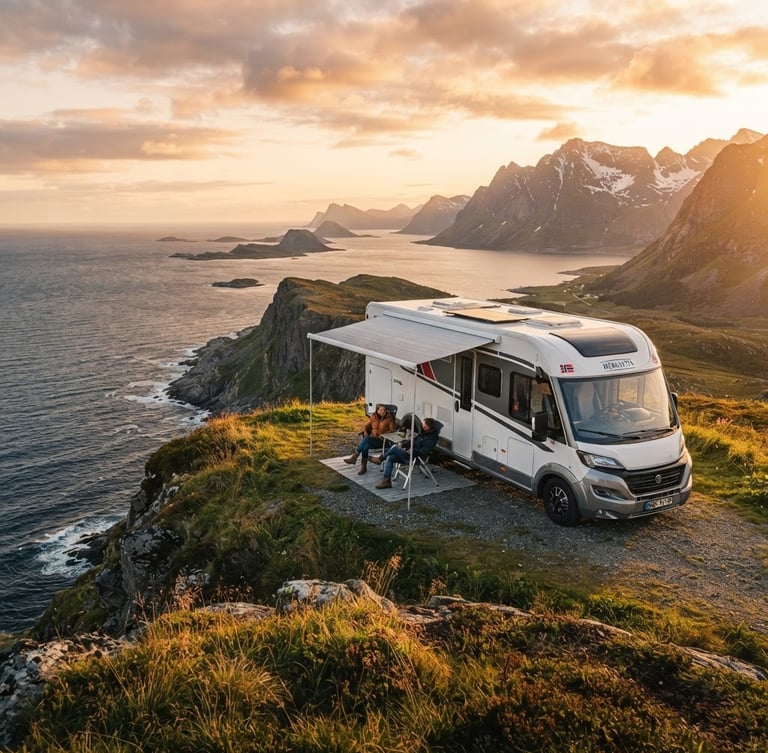 Wide-angle cinematic shot of a luxury Mobilvetta motorhome parked on a dramatic coastal cliff in Norway at golden hour, soft backlighting, ocean in the background, 35mm