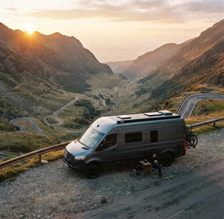 Cinematic side profile of a sleek grey campervan parked on a narrow cliffside road overlooking the Transfăgărășan at sunrise, golden light reflecting off polished paint, 35mm