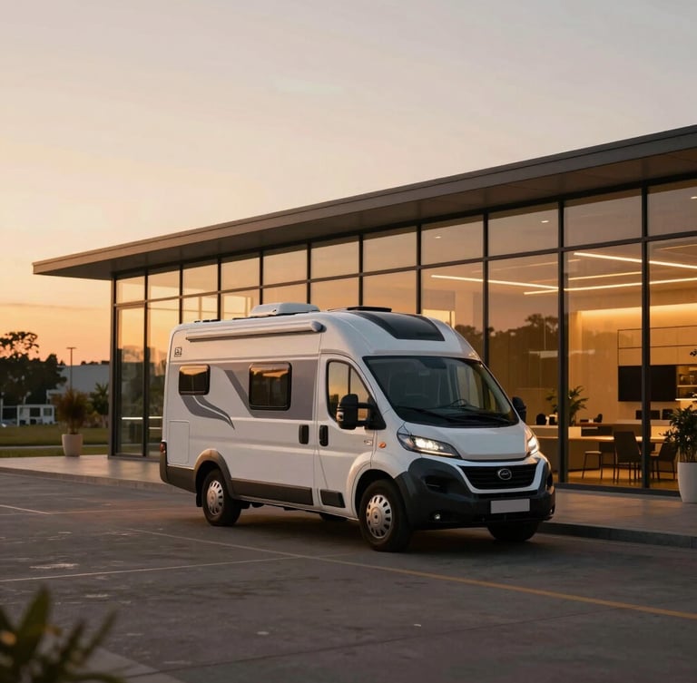 A sleek modern motorhome parked in front of a minimalist glass showroom building at sunset, warm architectural lighting, golden hour
