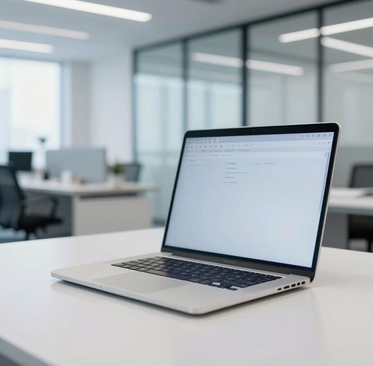 Crisp corporate photography of a bright, cool-toned modern corporate workspace, close-up of a sleek laptop open on a clean desk, architectural lines of a high-end office in the background, daytime neutral light, 35mm lens