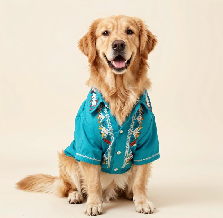 A happy golden retriever wearing a vibrant turquoise Mexican-style artisanal shirt, sitting proudly in a bright studio with a warm cream backdrop, soft lighting, 50mm lens
