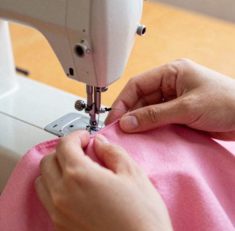 Close-up of artisan hands sewing a colorful pink fabric with precise stitches, vintage sewing machine visible, warm natural light, textile textures